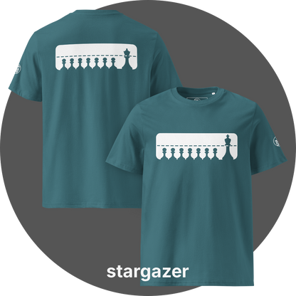 UN4RT teal organic cotton t-shirt shown from the front and back, both sides featuring a large white rectangular graphic with a row of eight black chess pawns standing below a dashed horizontal line. a taller black chess king (front side) / queen (back side) standing at the far right, small circular brand logo visible on both left sleeves.