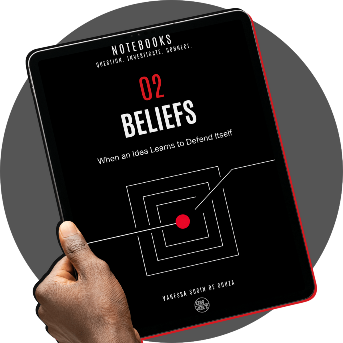 UN4RT - notebooks 02 beliefs digital booklet cover on a handheld tablet, with white typography and geometric artwork on black
