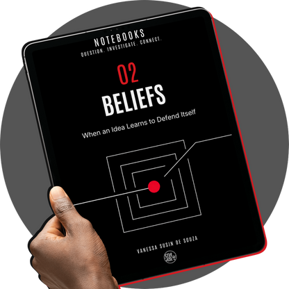 UN4RT - notebooks 02 beliefs digital booklet cover on a handheld tablet, with white typography and geometric artwork on black
