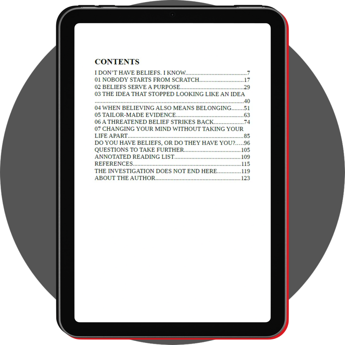 UN4RT - notebooks 02 beliefs digital booklet on a tablet, showing the english table of contents with chapters and references
