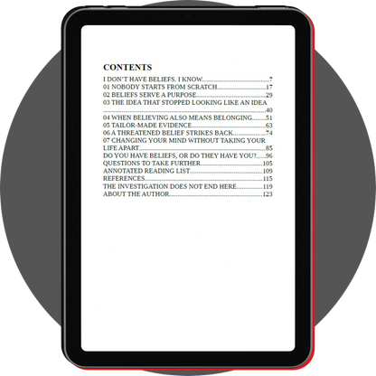 UN4RT - notebooks 02 beliefs digital booklet on a tablet, showing the english table of contents with chapters and references
