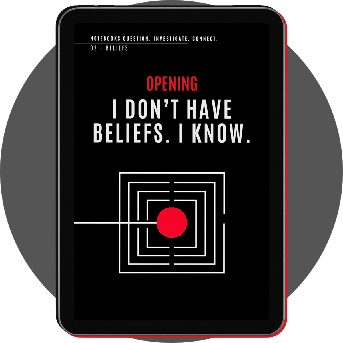 UN4RT - notebooks 02 beliefs opening page on a tablet, with bold white typography, nested white squares and a red circle
