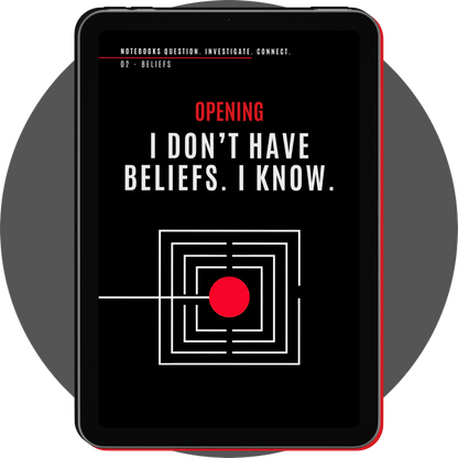 UN4RT - notebooks 02 beliefs opening page on a tablet, with bold white typography, nested white squares and a red circle
