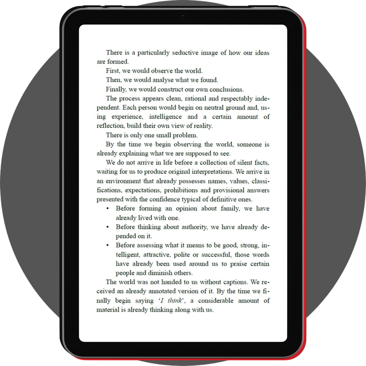 UN4RT - notebooks 02 beliefs reading page on a tablet, with english text exploring how social influences shape our ideas
