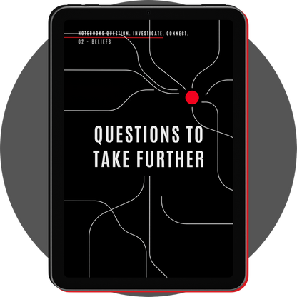 UN4RT - notebooks 02 beliefs reflection section on a tablet, with white typography, curved lines and a red circle on black
