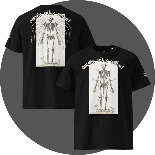 UN4RT black organic cotton t-shirt shown from the front and back, front features a large off-white rectangular vintage anatomical illustration of a full human skeleton with small horns on the skull standing upright with small plants at the feet, arched gothic blackletter text reading "omnia vitae valent" above, back features the same skeleton illustration with extended rib bones spreading outward like wings, arched gothic blackletter text reading "omnia vitae valent" above. small brand logo on left sleeves.
