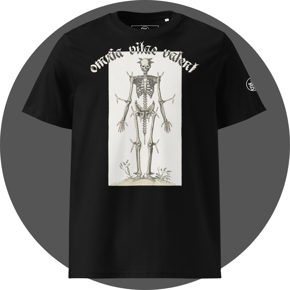 UN4RT black organic cotton t-shirt shown from the front, featuring a large off-white rectangular vintage anatomical illustration of a full human skeleton with small horns on the skull standing upright with small plants at the feet, arched gothic blackletter text reading "omnia vitae valent" above, small circular brand logo on the left sleeve.