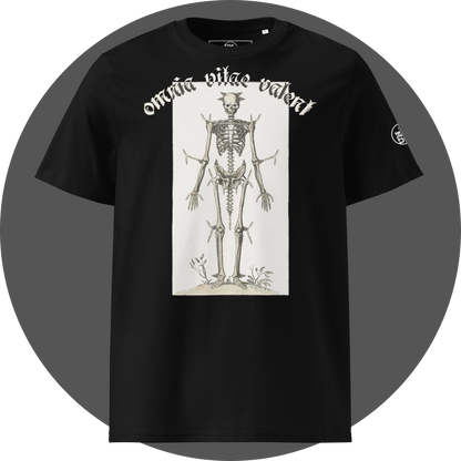 UN4RT black organic cotton t-shirt shown from the front, featuring a large off-white rectangular vintage anatomical illustration of a full human skeleton with small horns on the skull standing upright with small plants at the feet, arched gothic blackletter text reading "omnia vitae valent" above, small circular brand logo on the left sleeve.