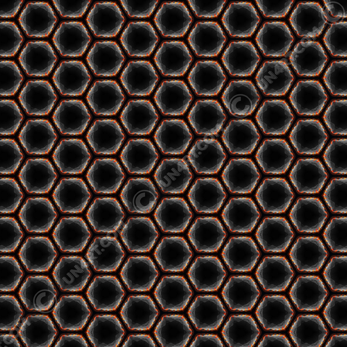 un4rt - the image shows a seamless pattern with a hexagonal honeycomb structure. the background and the center of the honeycombs is black. the frame of the honeycombs consists of orange spikes pointing inwards. the inner frame of the honeycombs consists of several overlapping shades of grey clouds. 