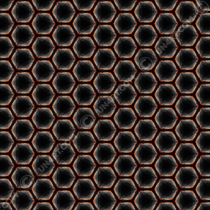 un4rt - the image shows a seamless pattern with a hexagonal honeycomb structure. the background and the center of the honeycombs is black. the frame of the honeycombs consists of orange spikes pointing inwards. the inner frame of the honeycombs consists of several overlapping shades of grey clouds. 