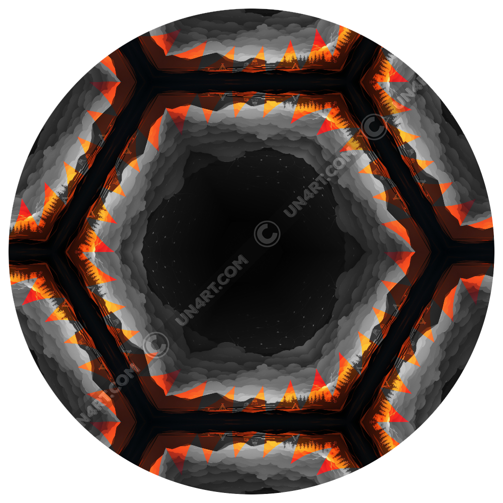 un4rt - the image shows a section of a seamless pattern with a hexagonal honeycomb structure. the background and the center of the honeycombs is black. the frame of the honeycombs consists of orange spikes pointing inwards. the inner frame of the honeycombs consists of several overlapping shades of grey clouds. 