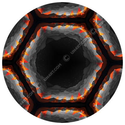 un4rt - the image shows a section of a seamless pattern with a hexagonal honeycomb structure. the background and the center of the honeycombs is black. the frame of the honeycombs consists of orange spikes pointing inwards. the inner frame of the honeycombs consists of several overlapping shades of grey clouds. 