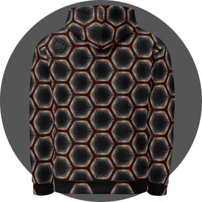 un4rt - the image shows the back of a hoodie with a seamless pattern with a hexagonal honeycomb structure. the background and the center of the honeycombs is black. the frame of the honeycombs consists of orange spikes pointing inwards. the inner frame of the honeycombs consists of several overlapping shades of grey clouds. 