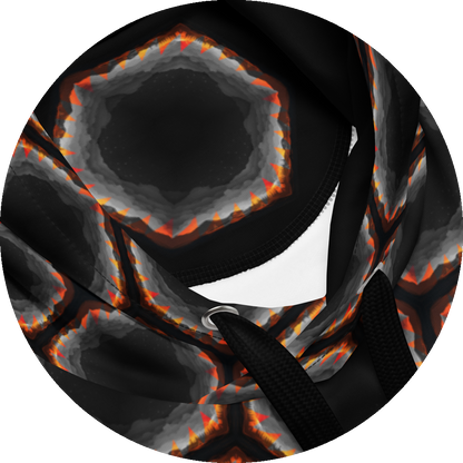 un4rt - the image shows details of a hoodie with a seamless pattern with a hexagonal honeycomb structure. the background and the center of the honeycombs is black. the frame of the honeycombs consists of orange spikes pointing inwards. the inner frame of the honeycombs consists of several overlapping shades of grey clouds. 