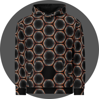 un4rt - the image shows the front of a hoodie with a seamless pattern with a hexagonal honeycomb structure. the background and the center of the honeycombs is black. the frame of the honeycombs consists of orange spikes pointing inwards. the inner frame of the honeycombs consists of several overlapping shades of grey clouds. 