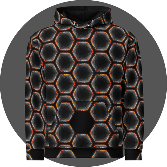 un4rt - the image shows the front of a hoodie with a seamless pattern with a hexagonal honeycomb structure. the background and the center of the honeycombs is black. the frame of the honeycombs consists of orange spikes pointing inwards. the inner frame of the honeycombs consists of several overlapping shades of grey clouds. 