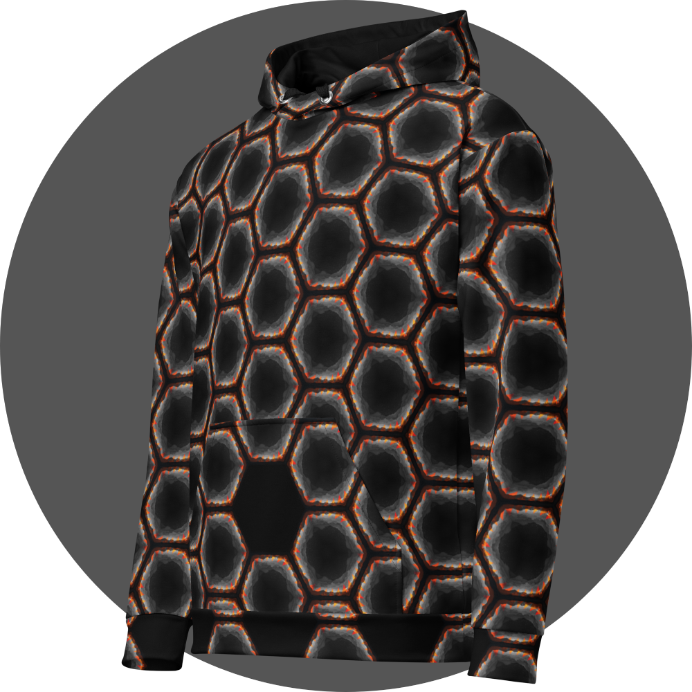 un4rt - the image shows the left front of a hoodie with a seamless pattern with a hexagonal honeycomb structure. the background and the center of the honeycombs is black. the frame of the honeycombs consists of orange spikes pointing inwards. the inner frame of the honeycombs consists of several overlapping shades of grey clouds. 