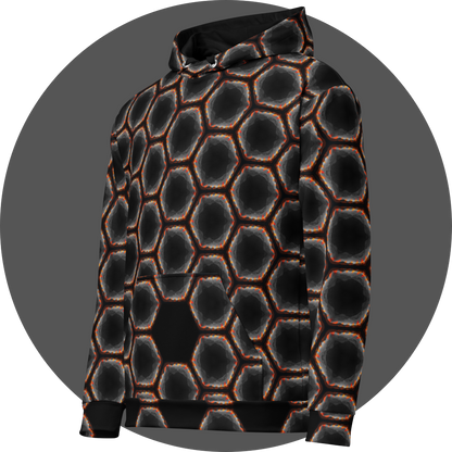 un4rt - the image shows the left front of a hoodie with a seamless pattern with a hexagonal honeycomb structure. the background and the center of the honeycombs is black. the frame of the honeycombs consists of orange spikes pointing inwards. the inner frame of the honeycombs consists of several overlapping shades of grey clouds. 