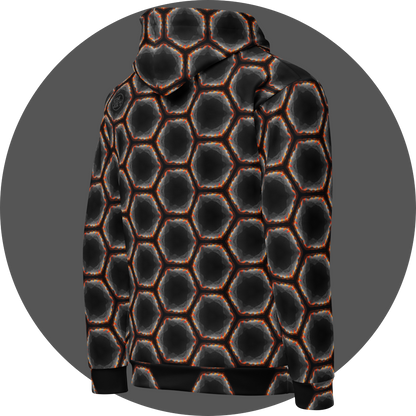 un4rt - the image shows the right back of a hoodie with a seamless pattern with a hexagonal honeycomb structure. the background and the center of the honeycombs is black. the frame of the honeycombs consists of orange spikes pointing inwards. the inner frame of the honeycombs consists of several overlapping shades of grey clouds. 