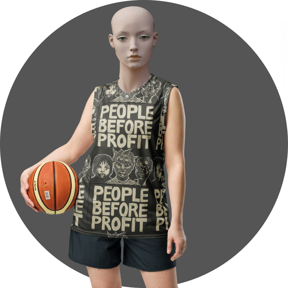 UN4RT dark all-over print basketball jersey, repeating "PEOPLE BEFORE PROFIT" slogan with hand-drawn protest faces on dark olive, sleeveless V-neck, mannequin front view holding basketball, grey circular background.