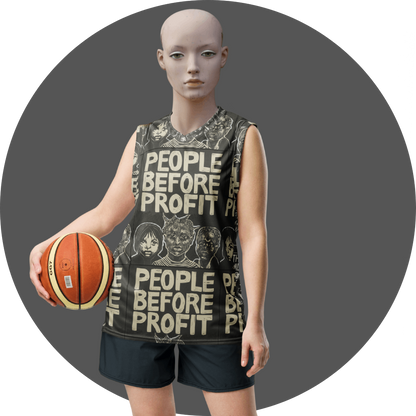 UN4RT dark all-over print basketball jersey, repeating "PEOPLE BEFORE PROFIT" slogan with hand-drawn protest faces on dark olive, sleeveless V-neck, mannequin front view holding basketball, grey circular background.
