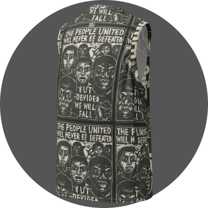 un4rt - the image shows the back of a basketball jersey with an allover print. the print is two colored and the motif repeats itself. the motif shows protestors of various races. the text reads: "the people united will never be defeated - but devided we will fall".