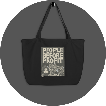 un4rt - the image shows a black cotton tote bag with a big 2 colored print in the center. the print shows three young humans of different races. the text reads: "people before profit".