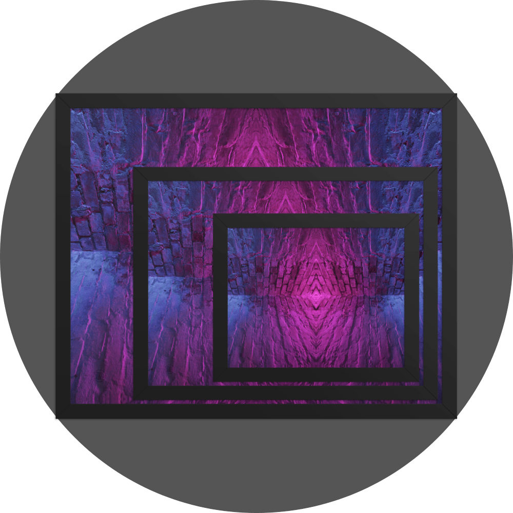 un4rt - the image shows 3 different sizes of the same photographie on top of each other. large size in the back, medium size in the middle and small size on top. the photographie is doubled and then mirrored to create the final image. the image shows the corner of two old brick walls. the colors of the walls range from purple and pink to blue.