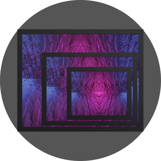 un4rt - the image shows 3 different sizes of the same photographie on top of each other. large size in the back, medium size in the middle and small size on top. the photographie is doubled and then mirrored to create the final image. the image shows the corner of two old brick walls. the colors of the walls range from purple and pink to blue.