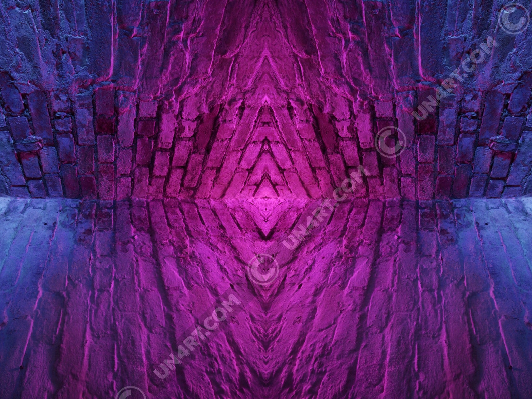 un4rt - the photographie is doubled and then mirrored to create the final image. the image shows the corner of two old brick walls. the colors of the walls range from purple and pink to blue.
