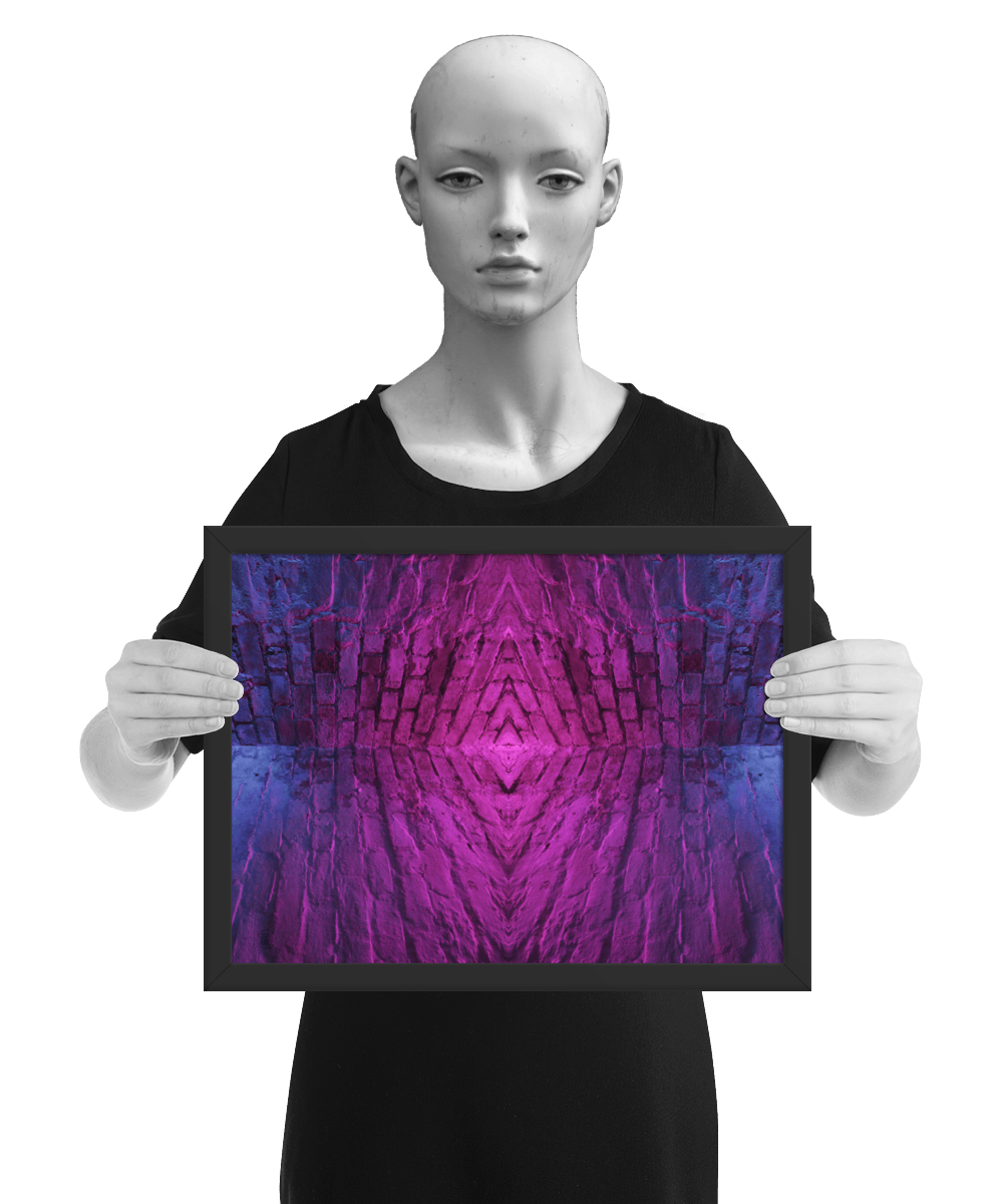 un4rt - the photographie is doubled and then mirrored to create the final image. the image shows the corner of two old brick walls. the colors of the walls range from purple and pink to blue. the image is framed and presented by a mannequin in black and white.