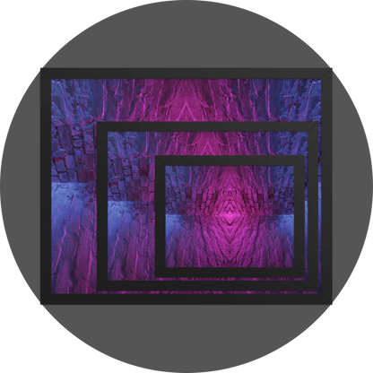 un4rt - the image shows 3 different sizes of the same photographie on top of each other. large size in the back, medium size in the middle and small size on top. the photographie is doubled and then mirrored to create the final image. the image shows the corner of two old brick walls. the colors of the walls range from purple and pink to blue.
