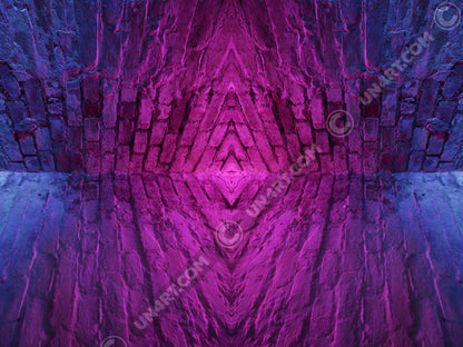 un4rt - the photographie is doubled and then mirrored to create the final image. the image shows the corner of two old brick walls. the colors of the walls range from purple and pink to blue.