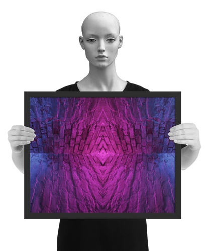 un4rt - the photographie is doubled and then mirrored to create the final image. the image shows the corner of two old brick walls. the colors of the walls range from purple and pink to blue. the image is framed and presented by a mannequin in black and white.