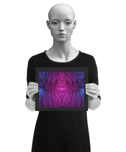 un4rt - the photographie is doubled and then mirrored to create the final image. the image shows the corner of two old brick walls. the colors of the walls range from purple and pink to blue. the image is framed and presented by a mannequin in black and white.