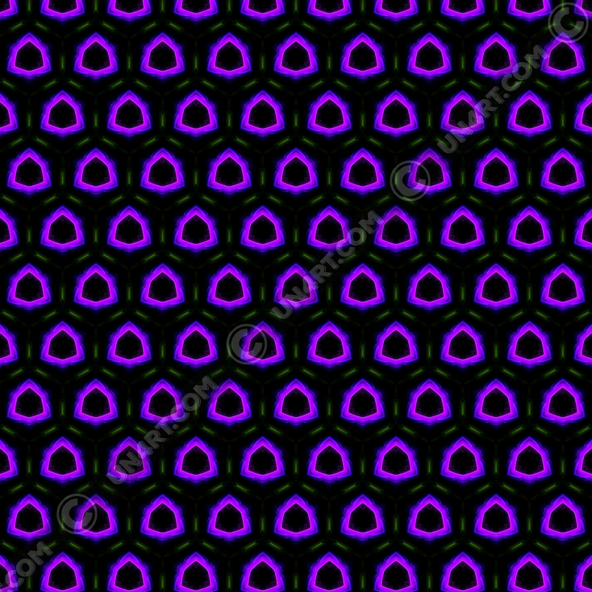 un4rt - the image shows a seamless pattern with a hexagonal honeycomb structure. the background and the center of the honeycombs is black. the frame of the honeycombs consist of dashed green lines. the inner part of the honeycombs consist irregular hexagonal shapes colored in pink, purple and blue. 