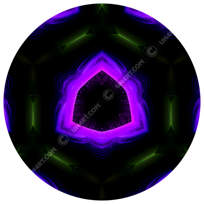 un4rt - the image shows a section of a seamless pattern with a hexagonal honeycomb structure. the background and the center of the honeycombs is black. the frame of the honeycombs consist of dashed green lines. the inner part of the honeycombs consist irregular hexagonal shapes colored in pink, purple and blue. 