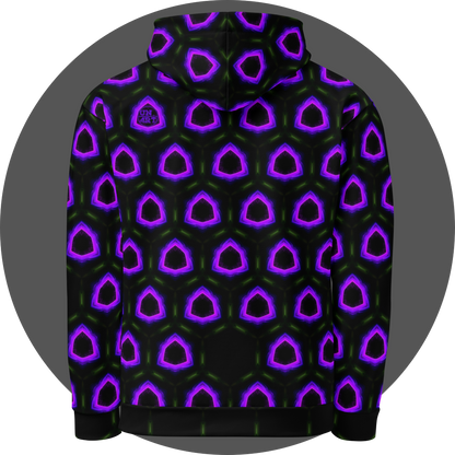 un4rt - the image shows the back of a hoodie with a seamless pattern with a hexagonal honeycomb structure. the background and the center of the honeycombs is black. the frame of the honeycombs consist of dashed green lines. the inner part of the honeycombs consist irregular hexagonal shapes colored in pink, purple and blue. some inner parts are missing.