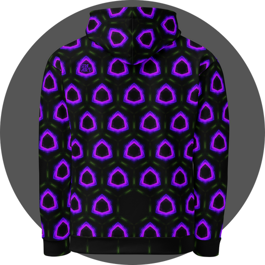 un4rt - the image shows the back of a hoodie with a seamless pattern with a hexagonal honeycomb structure. the background and the center of the honeycombs is black. the frame of the honeycombs consist of dashed green lines. the inner part of the honeycombs consist irregular hexagonal shapes colored in pink, purple and blue. some inner parts are missing.