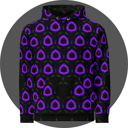 un4rt - the image shows the front of a hoodie with a seamless pattern with a hexagonal honeycomb structure. the background and the center of the honeycombs is black. the frame of the honeycombs consist of dashed green lines. the inner part of the honeycombs consist irregular hexagonal shapes colored in pink, purple and blue. some inner parts are missing.