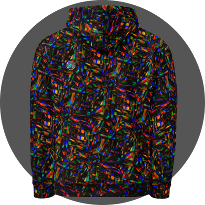 un4rt - the image shows the back of a hoodie with a pattern of overlapping, predominantly elongated moulds in all colors inclusive black. the moulds are mainly arranged in star shapes. the colors of the overlapping sections are inverted.
