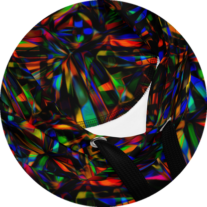 un4rt - the image shows details of a hoodie with a pattern of overlapping, predominantly elongated moulds in all colors inclusive black. the moulds are mainly arranged in star shapes. the colors of the overlapping sections are inverted.