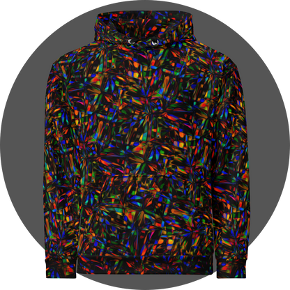 un4rt - the image shows the front of a hoodie with a pattern of overlapping, predominantly elongated moulds in all colors inclusive black. the moulds are mainly arranged in star shapes. the colors of the overlapping sections are inverted.