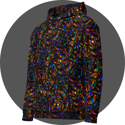 un4rt - the image shows the left front of a hoodie with a pattern of overlapping, predominantly elongated moulds in all colors inclusive black. the moulds are mainly arranged in star shapes. the colors of the overlapping sections are inverted.