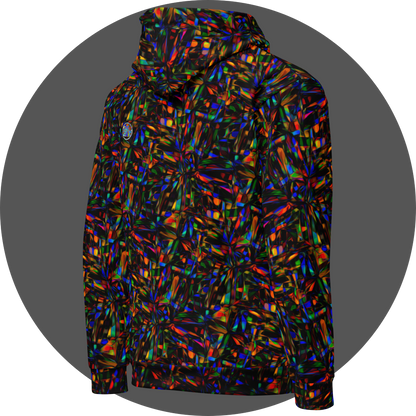 un4rt - the image shows the right back of a hoodie with a pattern of overlapping, predominantly elongated moulds in all colors inclusive black. the moulds are mainly arranged in star shapes. the colors of the overlapping sections are inverted.