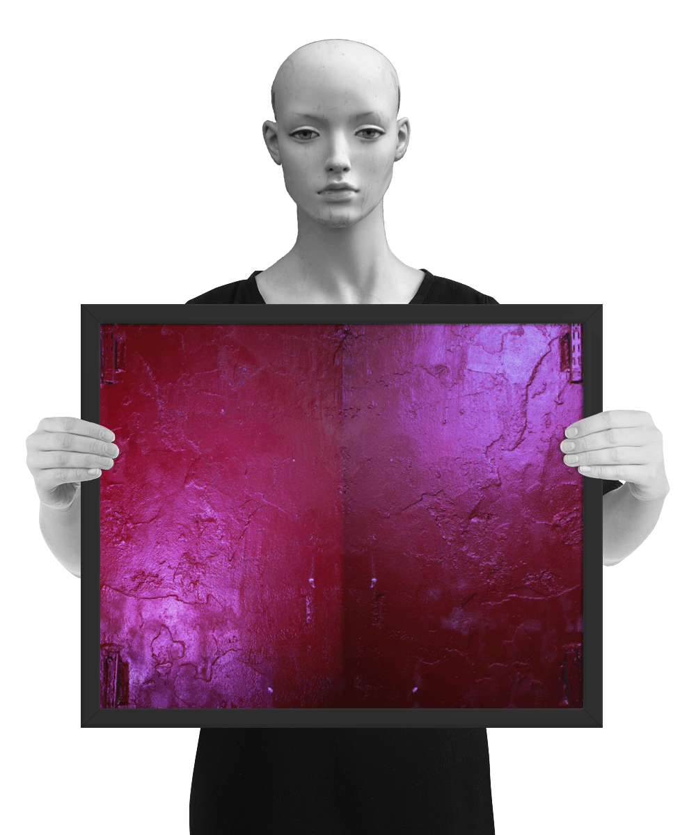 un4rt - the photographie shows a hardly structured red wall with a painted shelf bracket. reflections of light. the colors range from dark red to bright purple. the image is framed and resented by a mannequin in black and white.