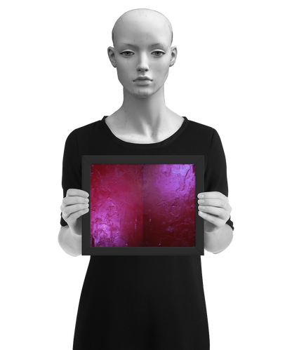 un4rt - the photographie shows a hardly structured red wall with a painted shelf bracket. reflections of light. the colors range from dark red to bright purple. the image is framed and resented by a mannequin in black and white.