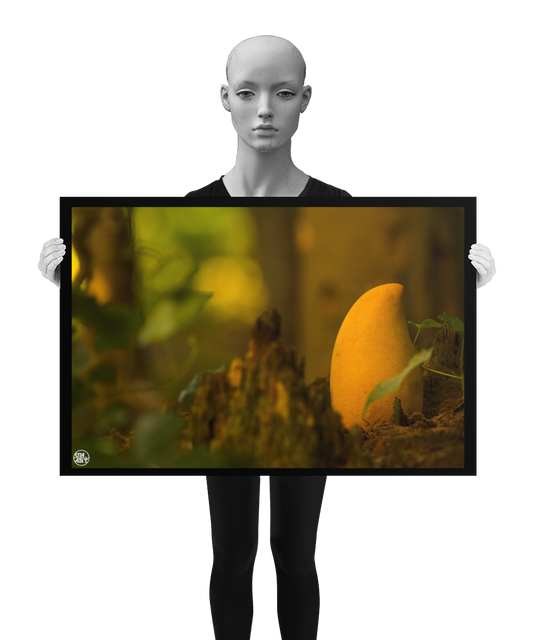 un4rt - photographie of a yellow mango in a forest. the mango is placed on top of a rotten tree trunk. some ivy around the mango. blurry and defocused background. the poster is presented by a mannequin in black and white.