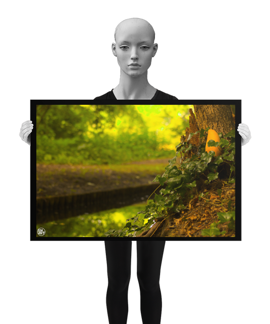 un4rt - photographie of a yellow mango in a forest. the mango is placed next to a rotten tree trunk. some ivy around the mango. a water ditch and lots of leaves in the background. bookeh. the poster is presented by a mannequin in black and white.