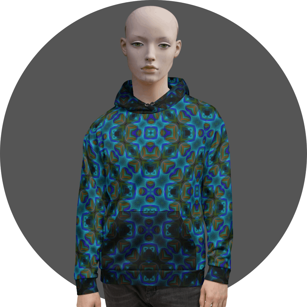 UN4RT dark teal all-over print hoodie, repeating symmetrical geometric mandala pattern in teal, blue and copper tones, kangaroo pocket, mannequin front view, grey circular background.
